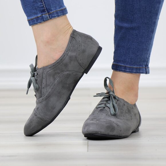 Gray Faux Suede Oxford Lace Up Brogue Detailing Low Heel - Picture 2 of 12